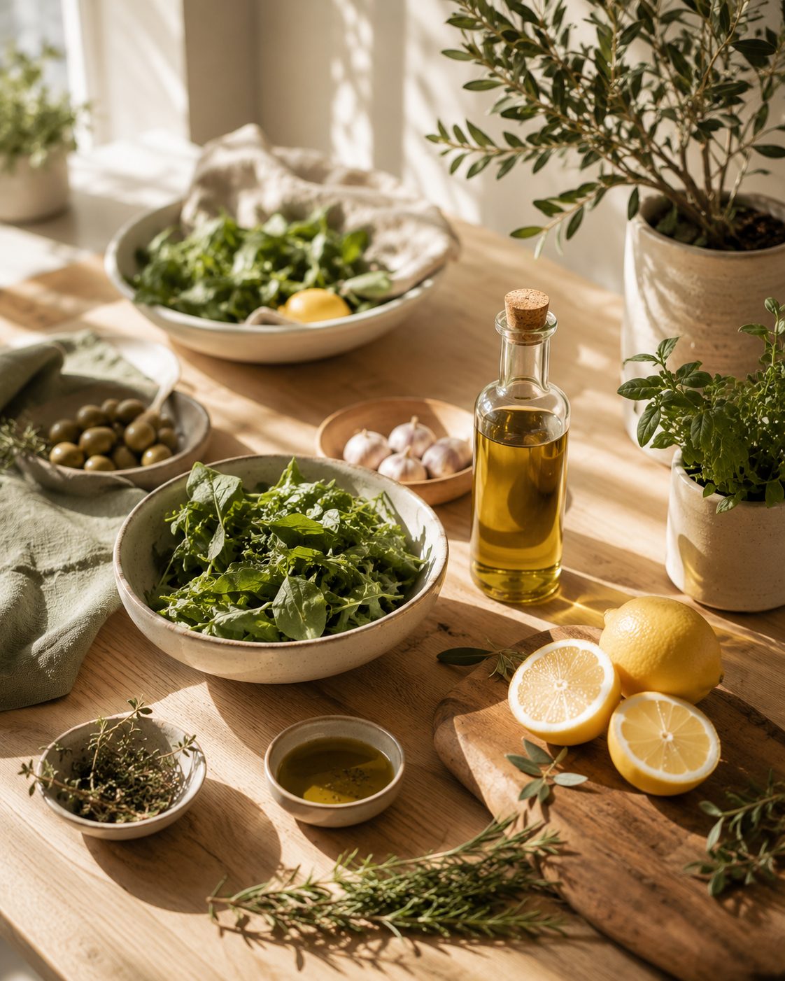 Fresh Mediterranean ingredients in a bright kitchen